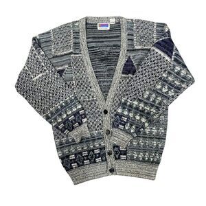 Vintage 80's 90's Sweater Graphix Abstract Knit Cardigan Gray Blue Black Size L
